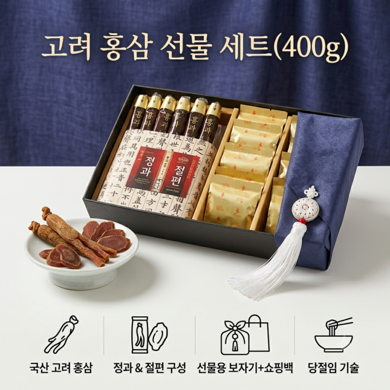 행복한 홍삼 국산 고려 홍삼 정과200g+홍삼 절편200g 답례품 선물 세트 보자기(네이비+노리개)+쇼핑백