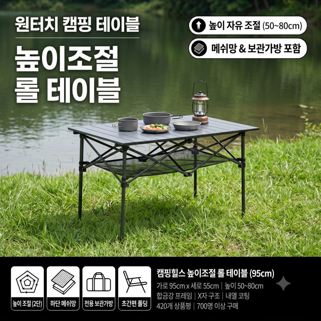 캠핑힐스 높이조절 접이식 캠핑 테이블 95cm 롤테이블 매쉬망 보관가방 제품 이미지